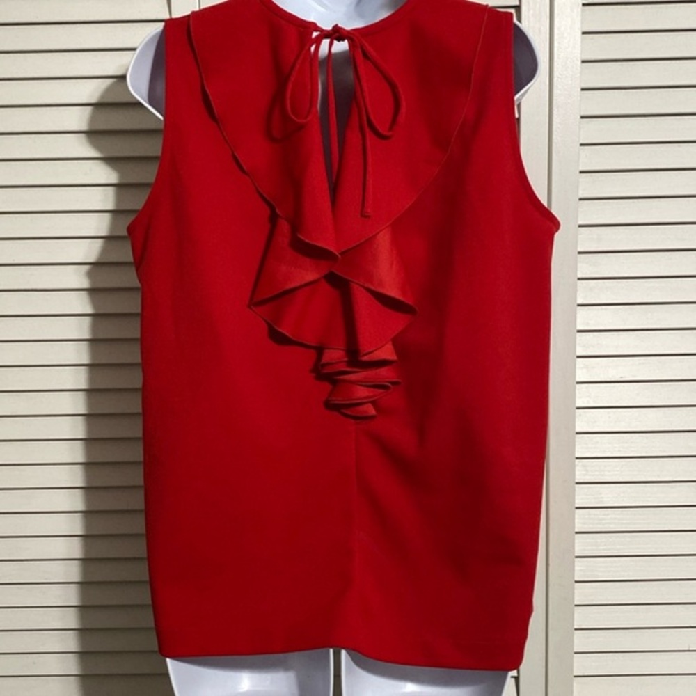 Ann Taylor Red Sleeveless Ruffle Back Keyhole Tie Top